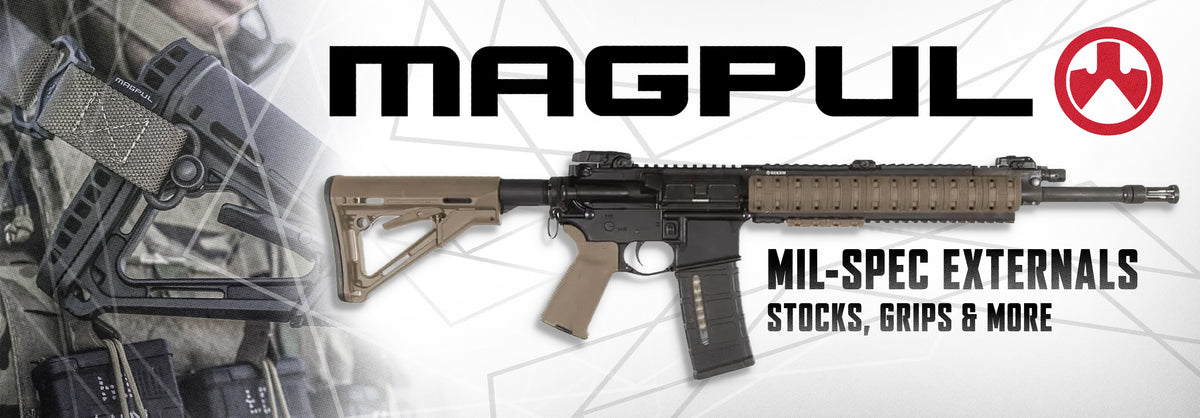 A Magpul branded promotional graphic showing a tactical rifle with tan and black Magpul stock, grip, and handguard accessories on a light gray background with text reading 'MAGPUL' and 'MIL-SPEC EXTERNALS STOCKS, GRIPS & MORE'.