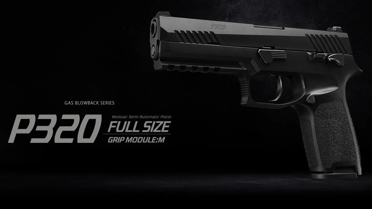 A Tokyo Marui P320 Gas Blowback airsoft pistol in a dark setting, with a text overlay describing the pistol.
