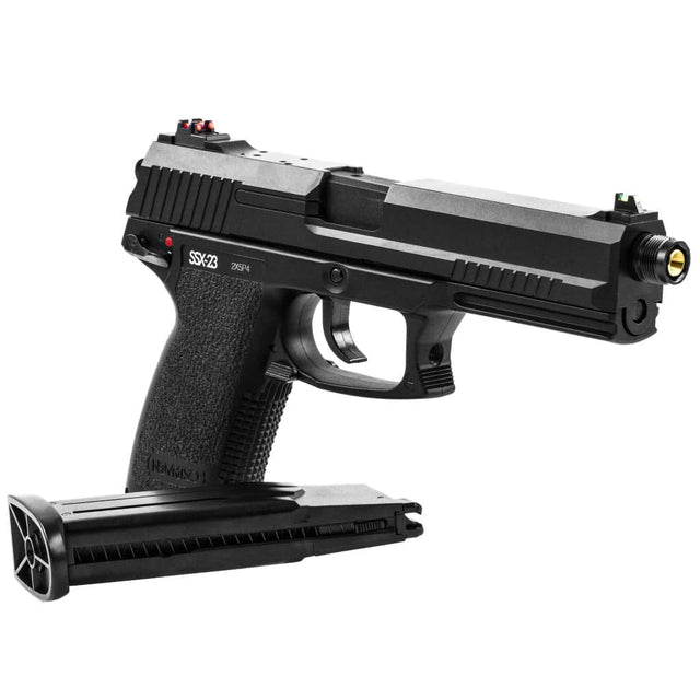Novritsch SSX23 airsoft pistol with its gas magazine