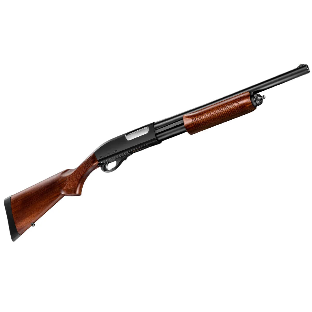 Tokyo Marui M870 Wood Stock Type gas shotgun, angled view