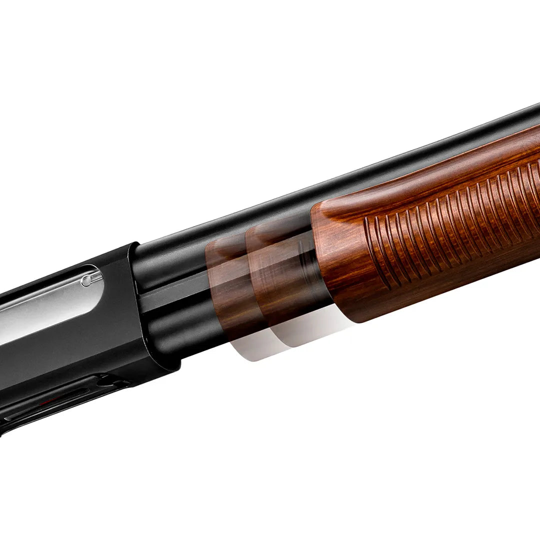 Close-up of the Tokyo Marui M870 wood-effect fore-end and metal receiver