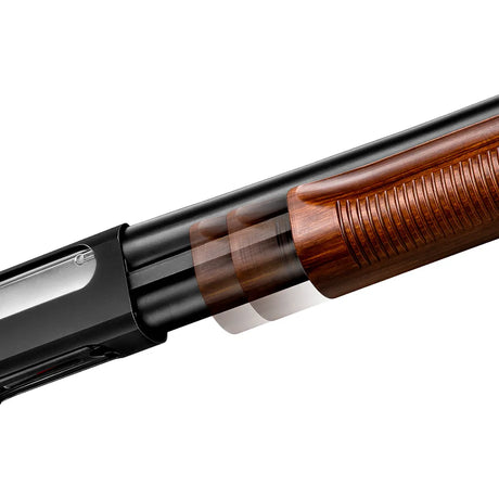 Close-up of the Tokyo Marui M870 wood-effect fore-end and metal receiver