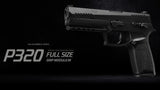 A Tokyo Marui P320 Gas Blowback airsoft pistol in a dark setting, with a text overlay describing the pistol.