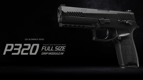 A Tokyo Marui P320 Gas Blowback airsoft pistol in a dark setting, with a text overlay describing the pistol.