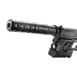 Close-up of silencer and picatinny laser module on Tokyo Marui MK23 non-blowback airsoft pistol