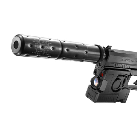 Close-up of silencer and picatinny laser module on Tokyo Marui MK23 non-blowback airsoft pistol