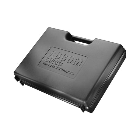 Black plastic carry case for Tokyo Marui MK23 SOCOM non-blowback Airsoft pistol with handle and embossed lettering, on white background
