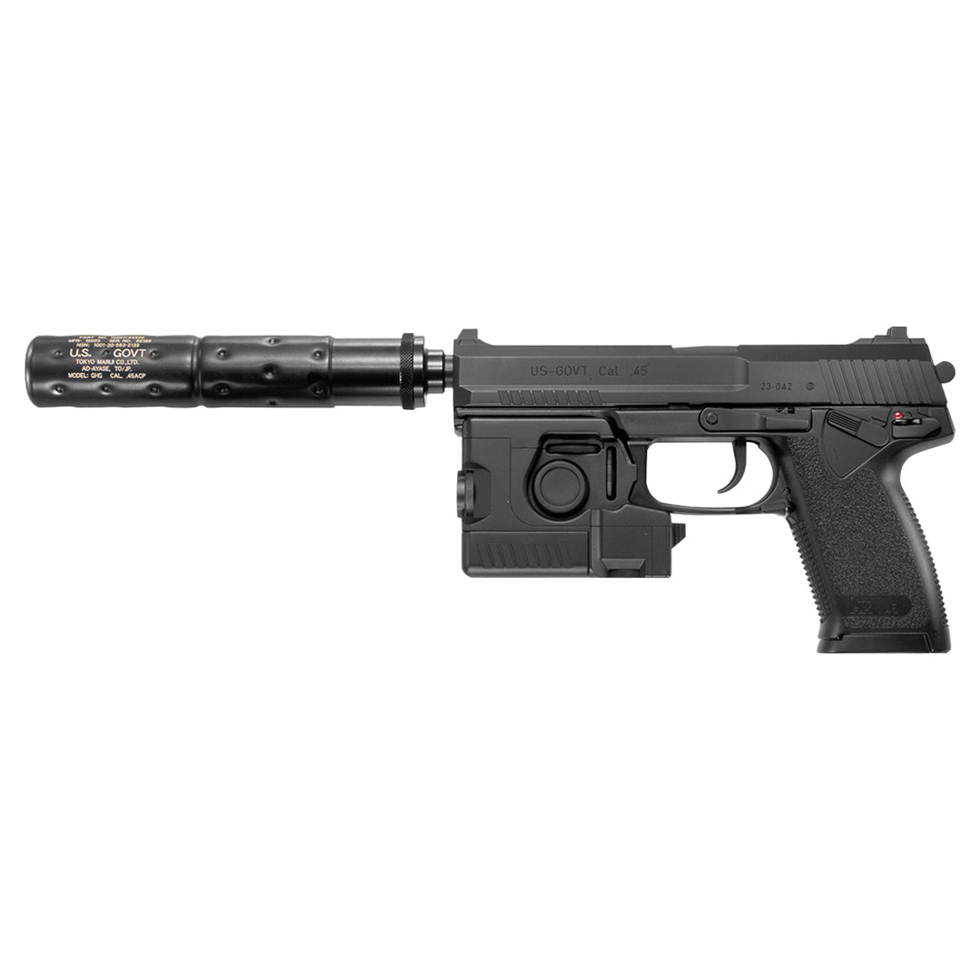 Black Tokyo Marui MK23 SOCOM non-blowback airsoft pistol with suppressor and laser module, side view on white background