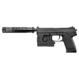 Black Tokyo Marui MK23 SOCOM non-blowback airsoft pistol with suppressor and laser module, side view on white background